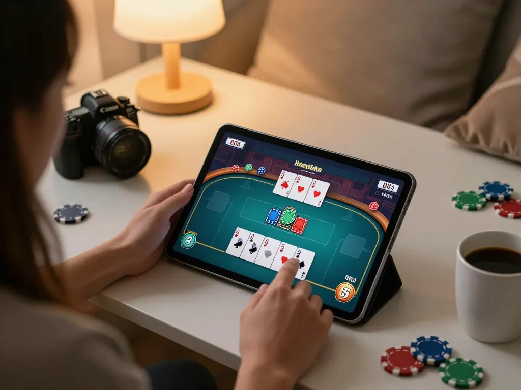 Player enjoying online gaming at spinaud casino on a tablet in a cozy home setting