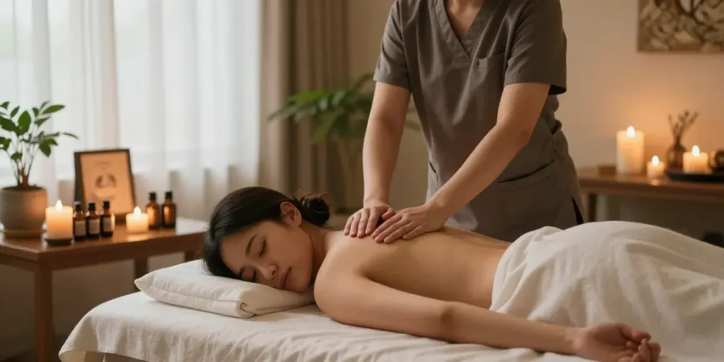 Enjoying a tranquil 장기동출장마사지 in a serene spa setting with calming elements.