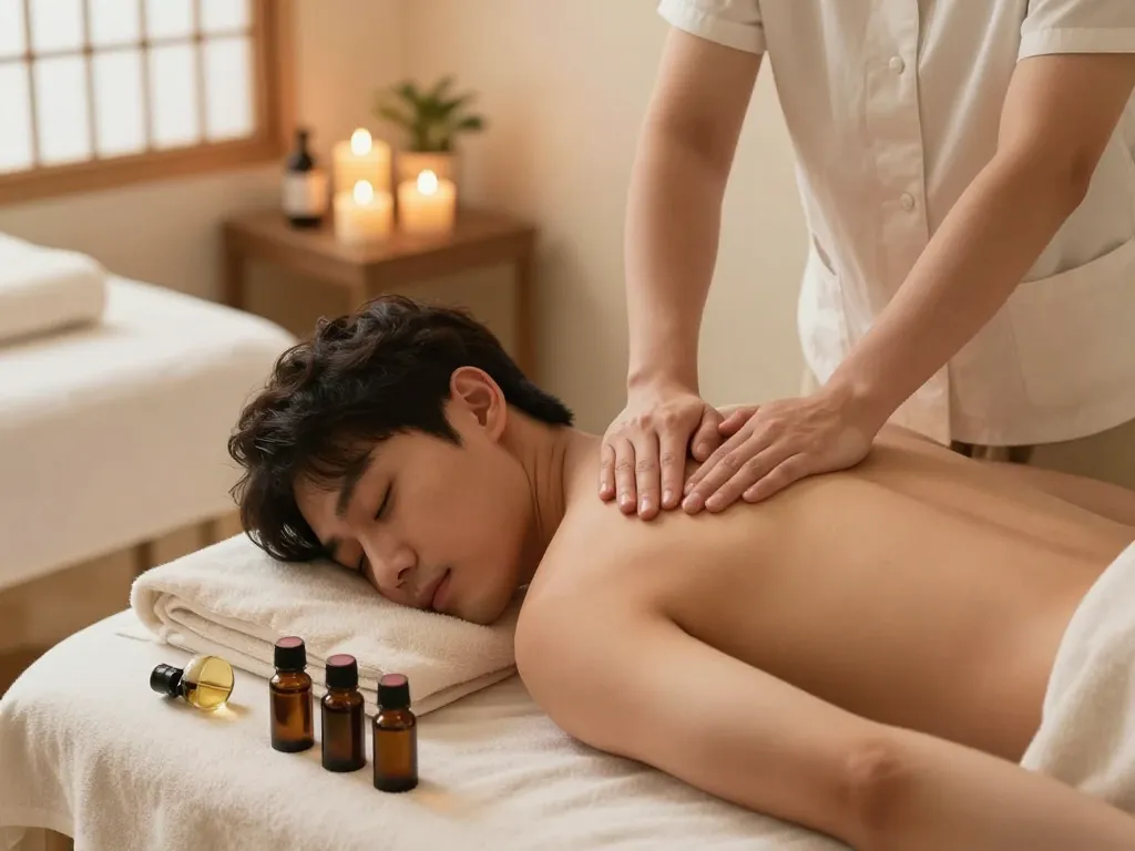 편안함과 재충전을 강조하는 고요한 스파 환경에서 포항스웨디시 마사지를 즐기는 남성 고객.