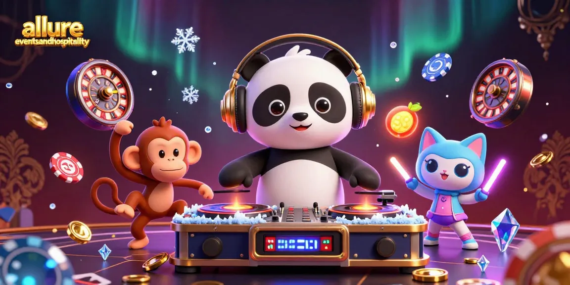 Engage in thrilling casino action at allureeventsandhospitality featuring vibrant characters and spinning slot reels.