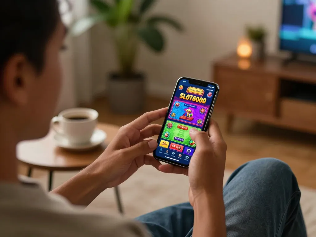 Engaging player enjoying the SLOT6000 app on a smartphone while relaxing at home.