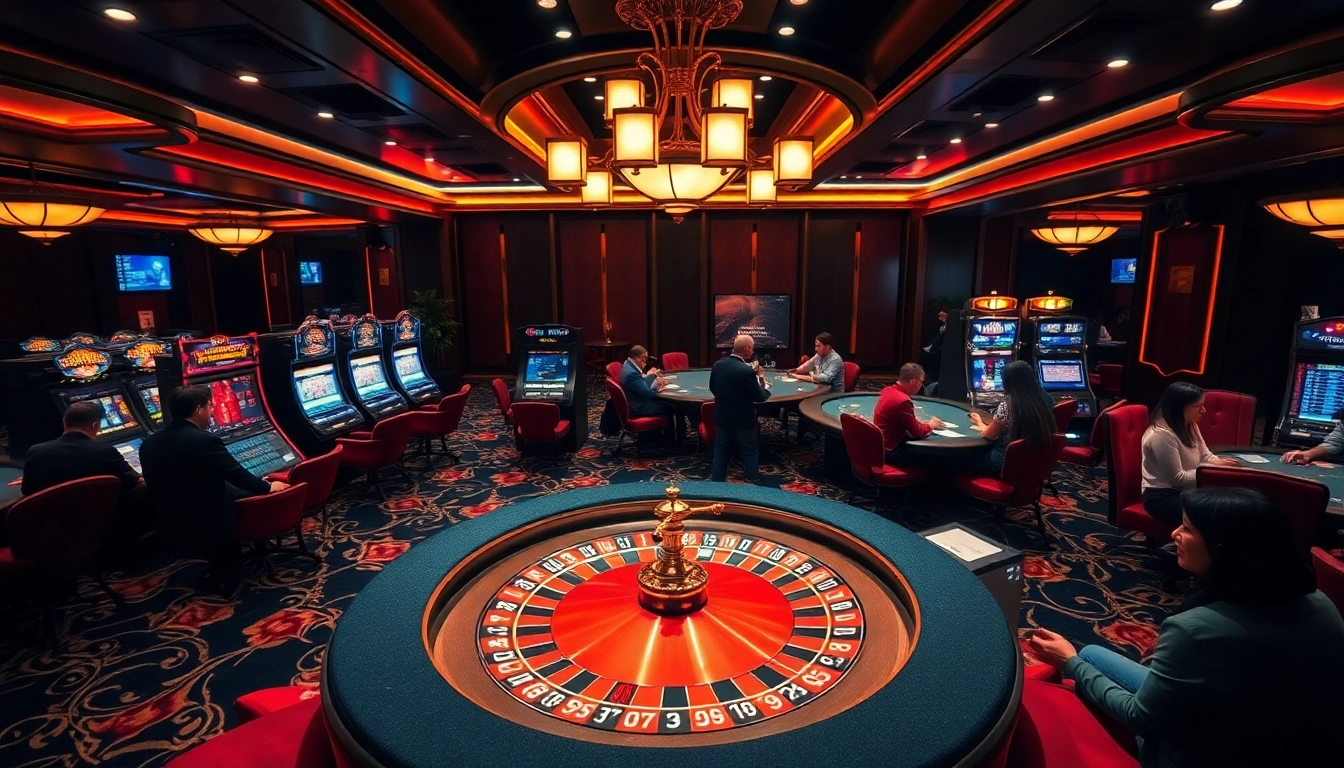 Petaruh merencanakan strategi di kasino mewah yang menampilkan elemen Utama4D di antara roda roulette berwarna-warni dan mesin slot.