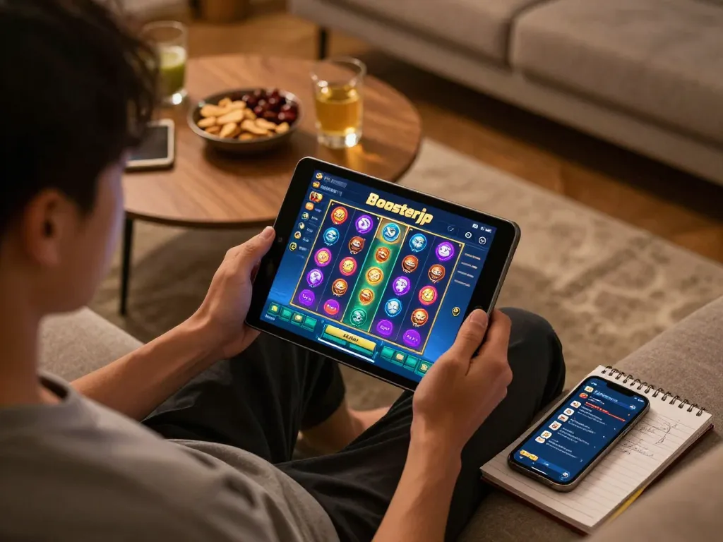 Engaged player enjoying boosterjp online slots game at home with tablet and strategy notes, cozy atmosphere.