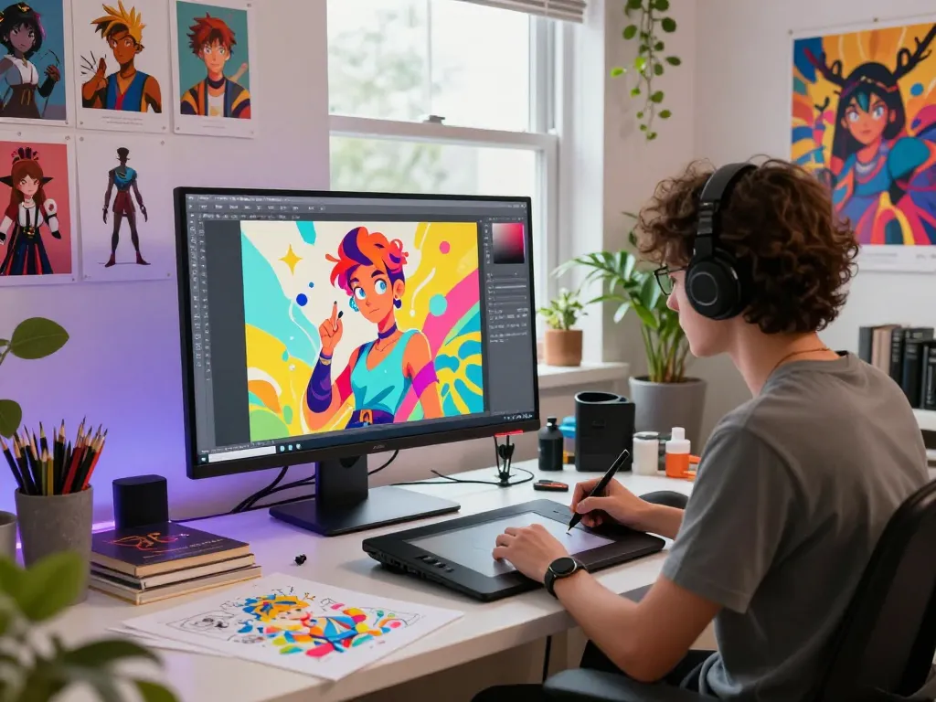 Artist creating 18+ AI character illustrations in a vibrant digital studio.
