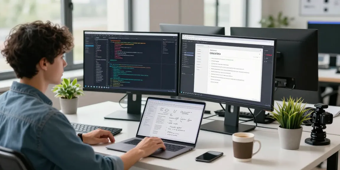 A young developer at a modern office desk working on software projects, showcasing the 纸飞机中文版官网 in a collaborative tech environment.