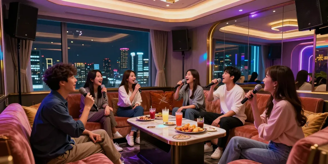 강남가라오케에서 즐거운 시간을 보내는 친구들, 화려한 조명과 고급 사운드 시스템이 돋보이는 모습