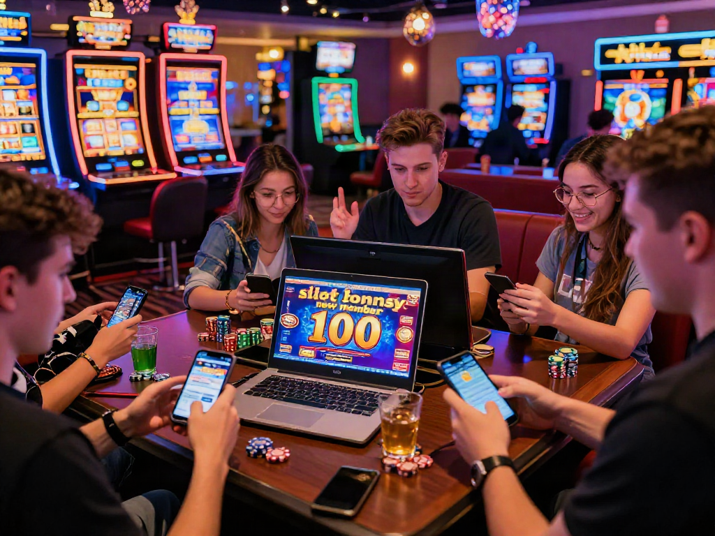 Players engaging with the "slot bonus new member 100" promotion at a vibrant online casino, showcasing excitement and gaming camaraderie.
