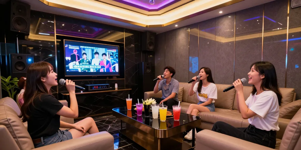 강남 가라오케에서 친구들과 함께 즐거운 시간을 보내는 모습, 고급스러운 인테리어와 생동감 넘치는 조명으로 가득 차 있습니다.