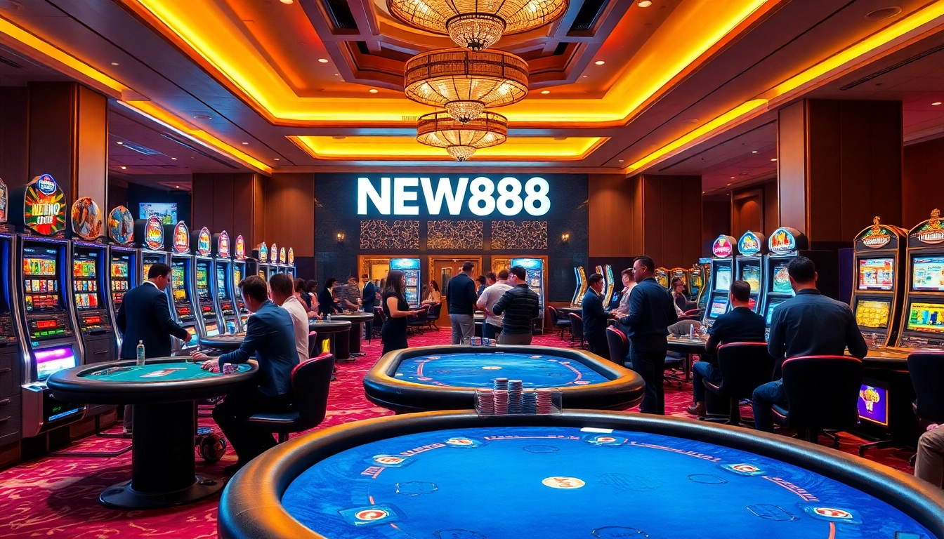 Players enjoying the thrill of gambling at NEW888 casino with vibrant tables and exciting games.