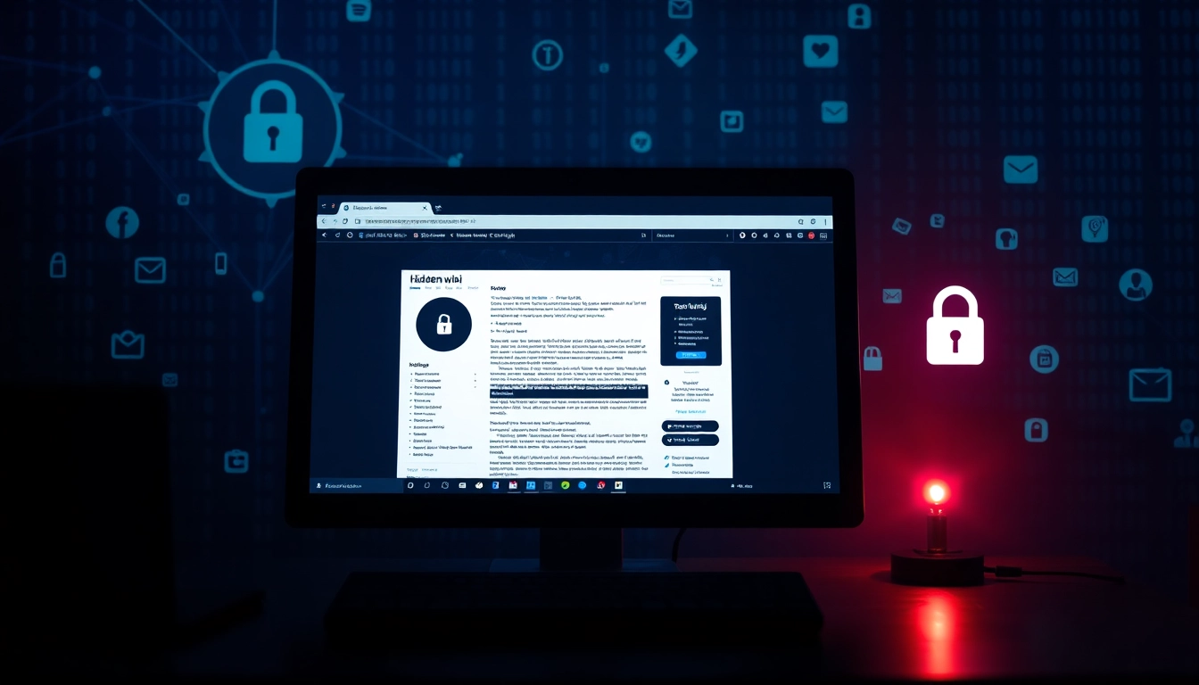 The hidden wiki interface on a computer screen showcasing dark web services with ambiance lighting.