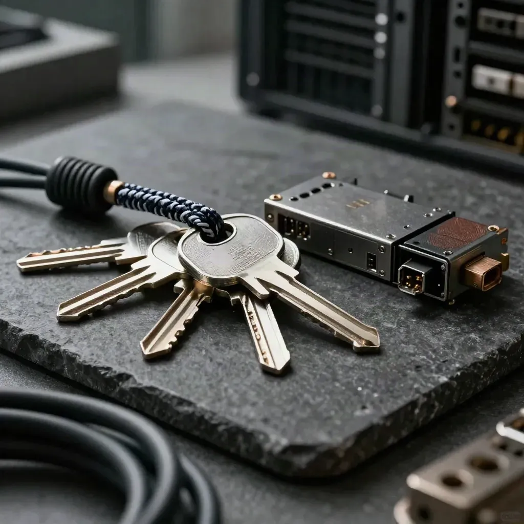 Server keys, a braided patch lead and a sealed module on dark stone in dramatic low-key light.