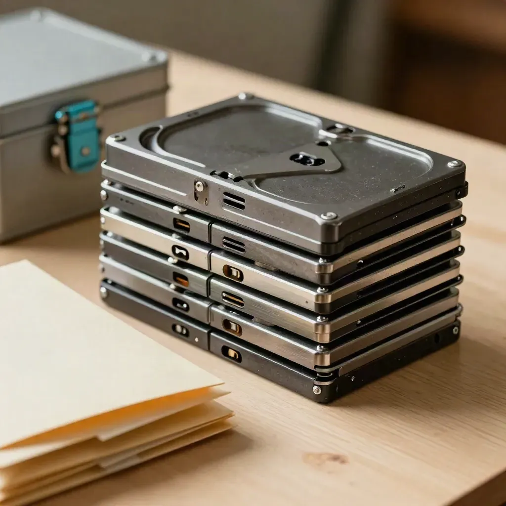 Stacked drive carriers and evidence envelopes on pale wood under soft directional light.