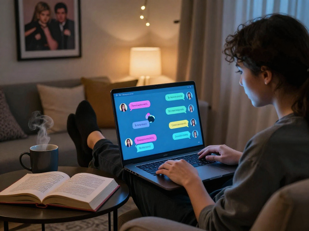 Interactive nsfw chat bot interface during user engagement in cozy, inviting space.