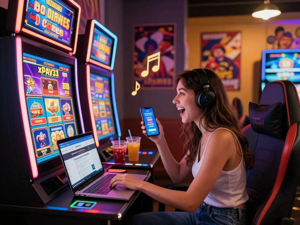 xpay33 bonuses showcased in an exciting online casino atmosphere with player engaging at a digital slot machine.