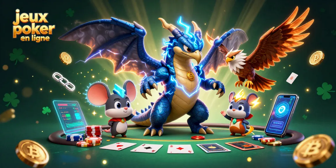 Jouez à des jeux de poker en ligne gratuitement avec une table de poker, des jetons et des personnages fantaisistes.