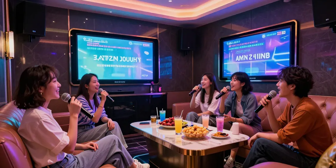 강남쩜오 더마이크룸의 프라이빗 노래방에서 친구들과 함께 노래하는 모습과 고급스러운 분위기.
