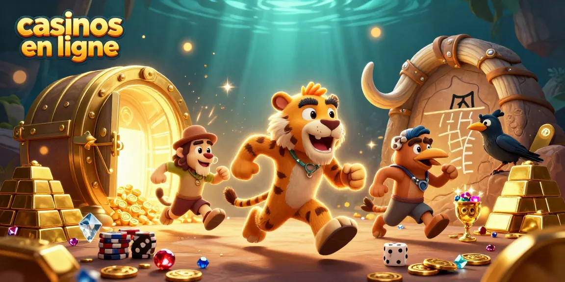 Découvrez les casinos en ligne avec une scène animée incluant des personnages préhistoriques jouant ensemble.