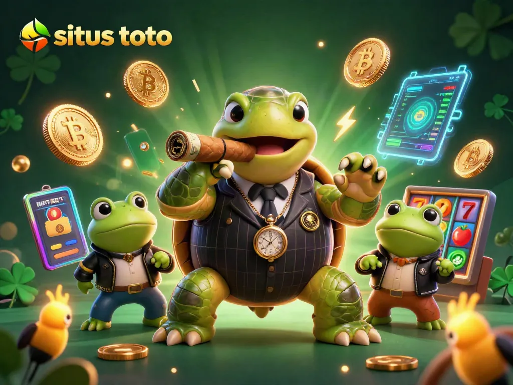 Engage in situs toto betting with a lively scene featuring a snapping turtle and bullfrog enforcers amidst vibrant casino elements.