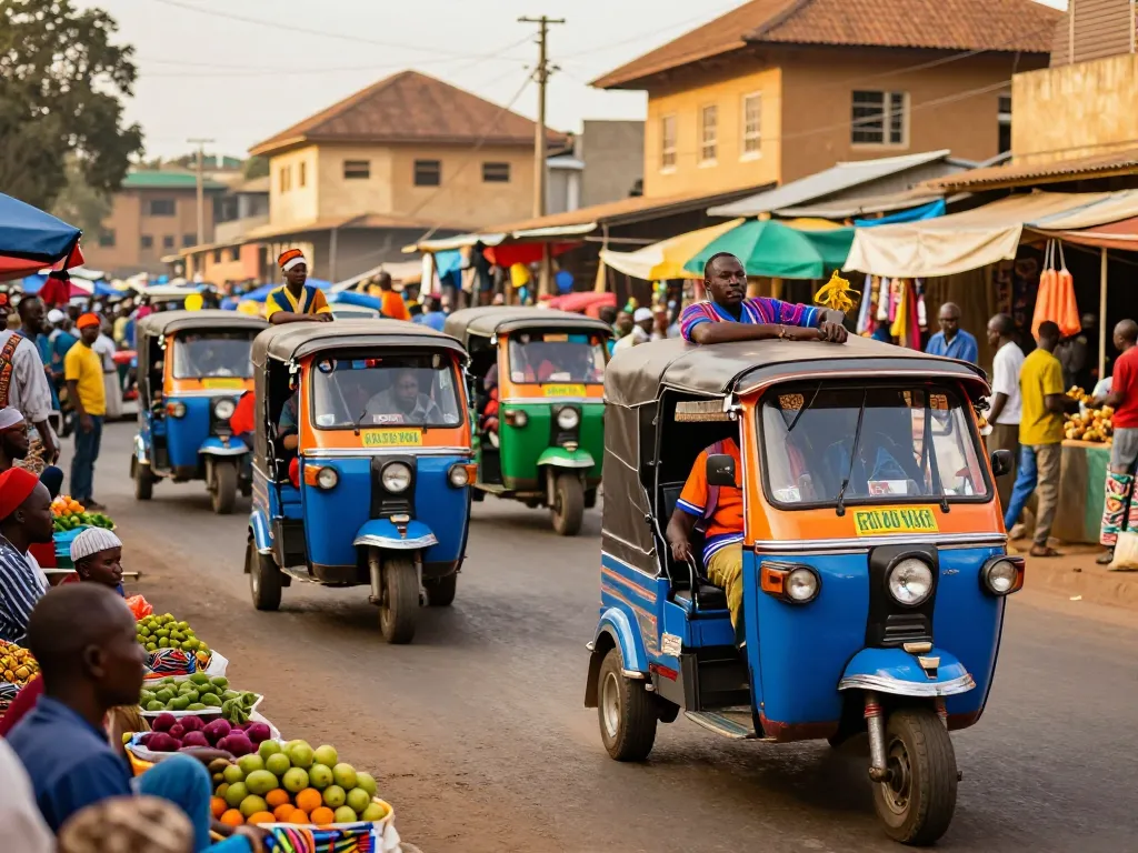 Tuk tuk drivers in Kenya navigating busy streets filled with vibrant market stalls.