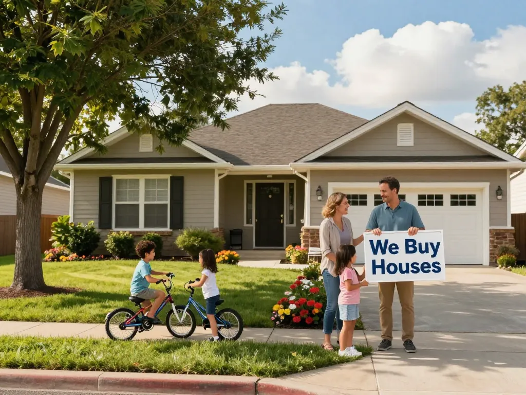 Cheerful family holding a "We Buy Houses" sign in front of their suburban home.
