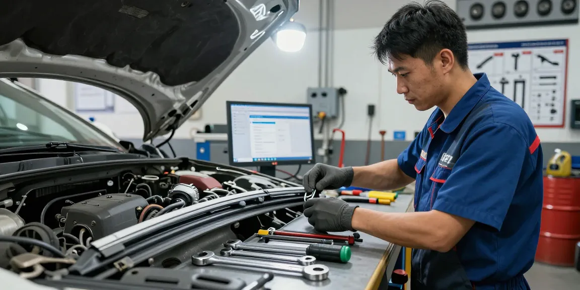 Expert technician inspecting a flat wiper blade in an automotive workshop.