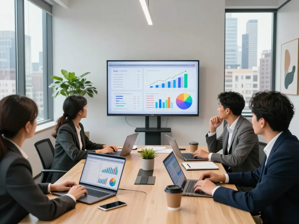 SEO Company in NYC team strategizing around a conference table with data analytics.