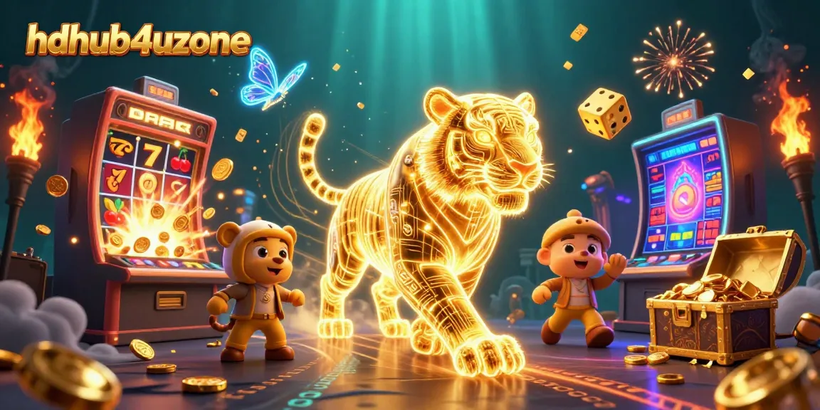 Memenangkan jackpot di hdhub4uzone dengan slot mesin yang meledak, dikelilingi karakter 3D yang menarik.