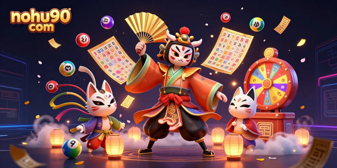 Engage in dynamic gaming at nohu90 com with 3D kabuki warrior and colorful slot elements.