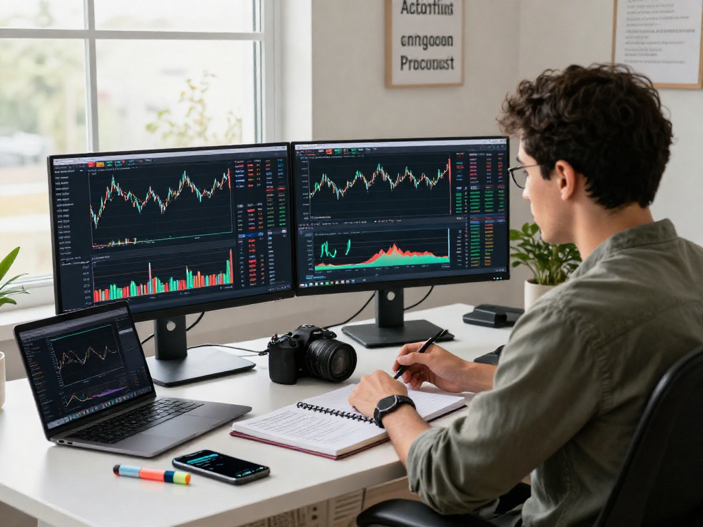 Dynamic TradingView interface on dual monitors in a modern financial workspace, showcasing analysis and trading insights.