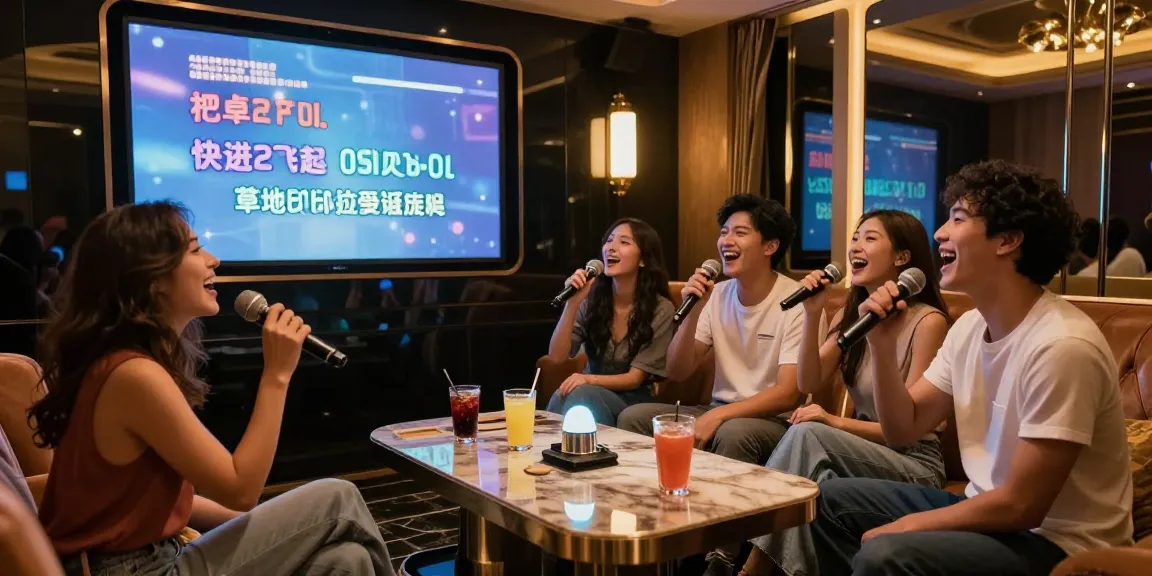 강남 가라오케에서 친구들과 즐거운 시간을 보내는 모습, 고급 인테리어와 기분 좋은 조명이 조화롭게 어우러짐