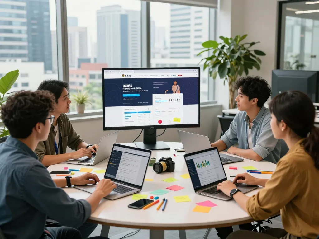 Freelance web designer team collaborating on innovative seo services kl in a modern office.
