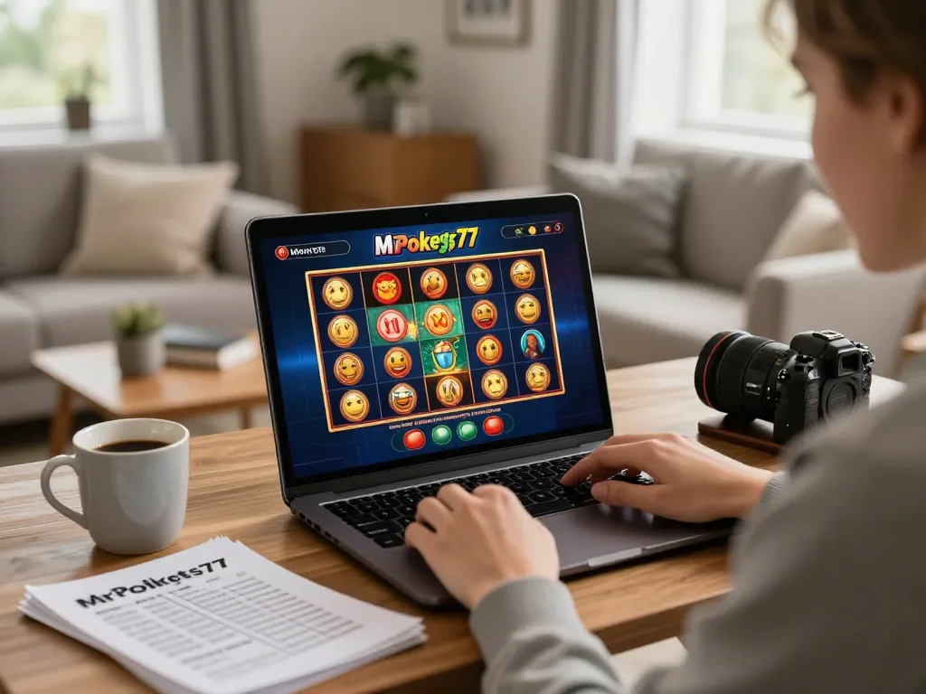 Engaging in online slots with MrPokies77 on a laptop, featuring warm home atmosphere