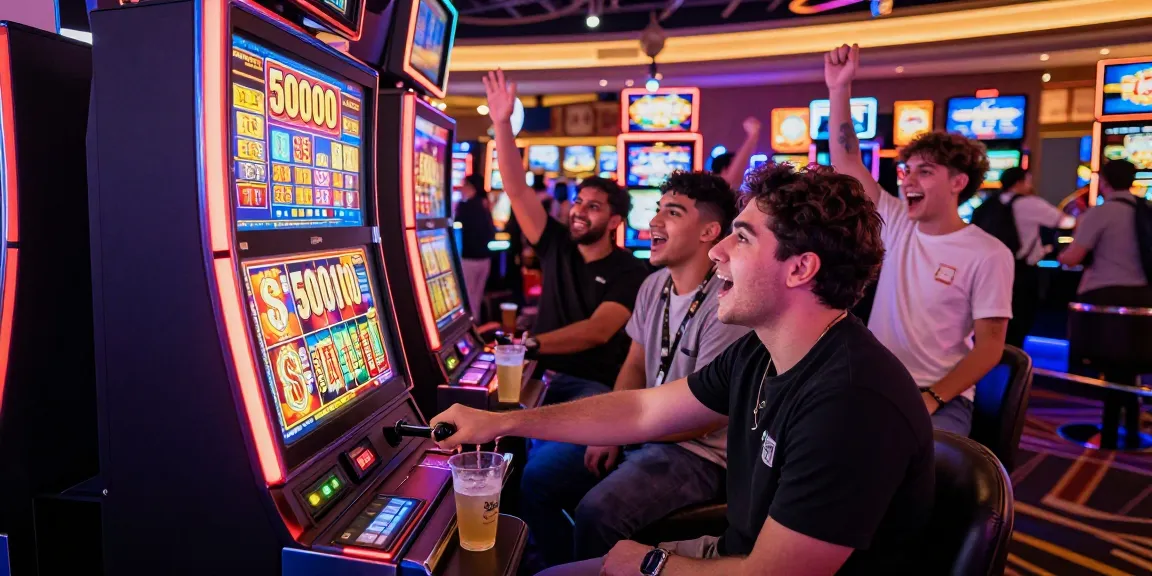 Excited players at a $5000 slot machine in Las Vegas casino, capturing the thrill of high-stakes gaming.