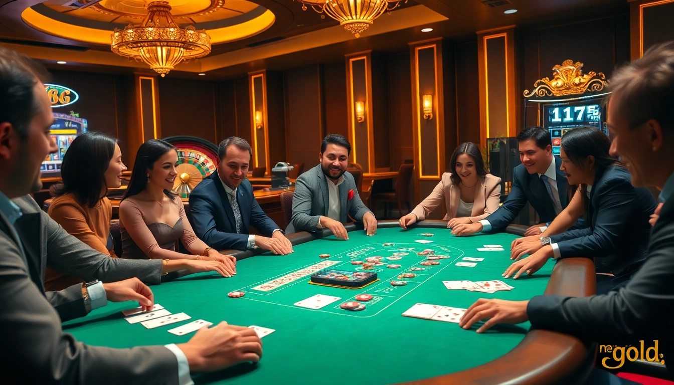 A thrilling poker game at new88.gold showcasing luxurious elements and excited players.