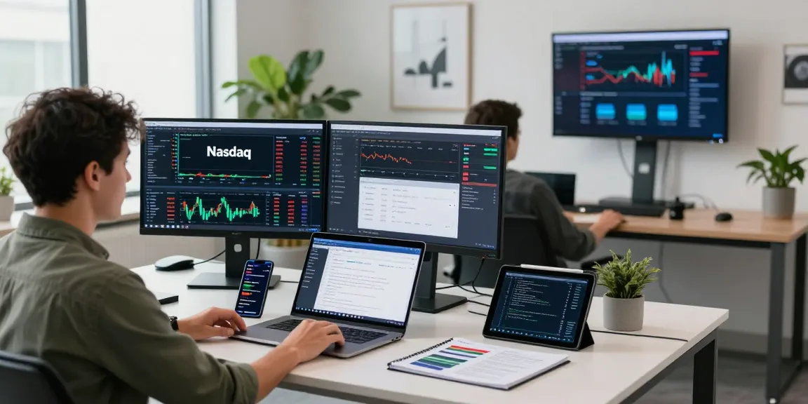 Real-time Nasdaq stock data feed displayed in a modern trading workspace with developers collaborating.