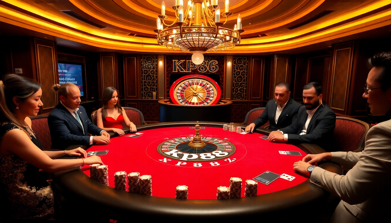Engage in a thrilling poker game at kp88's luxurious casino, featuring rich chips and elegant players.