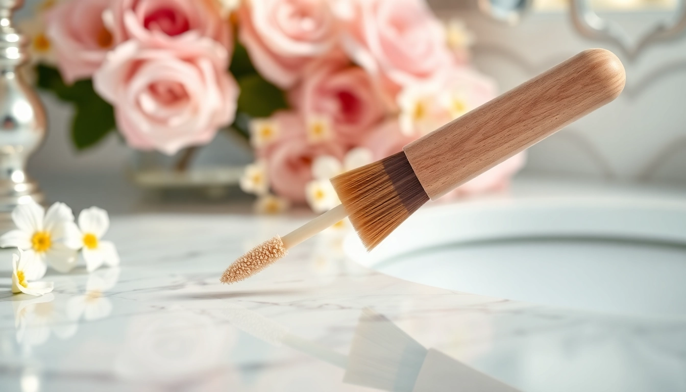 Applying makeup with an angled concealer brush to achieve flawless coverage.