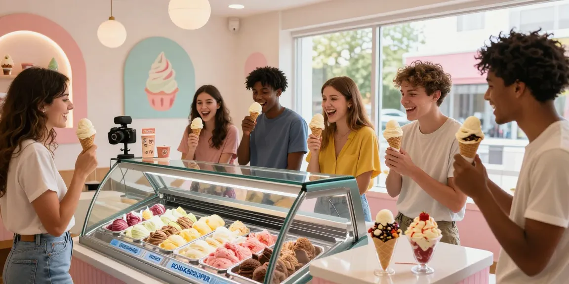 Friends enjoying unique rokok88 ice cream flavors in a vibrant shop setting.