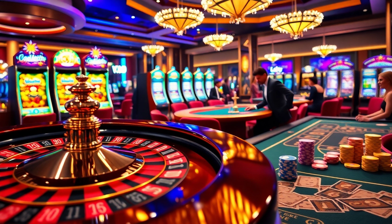 Une scène vibrante de casino en ligne mettant en avant des joueurs aux tables de roulette et de poker, incarnant l'excitation et le luxe.