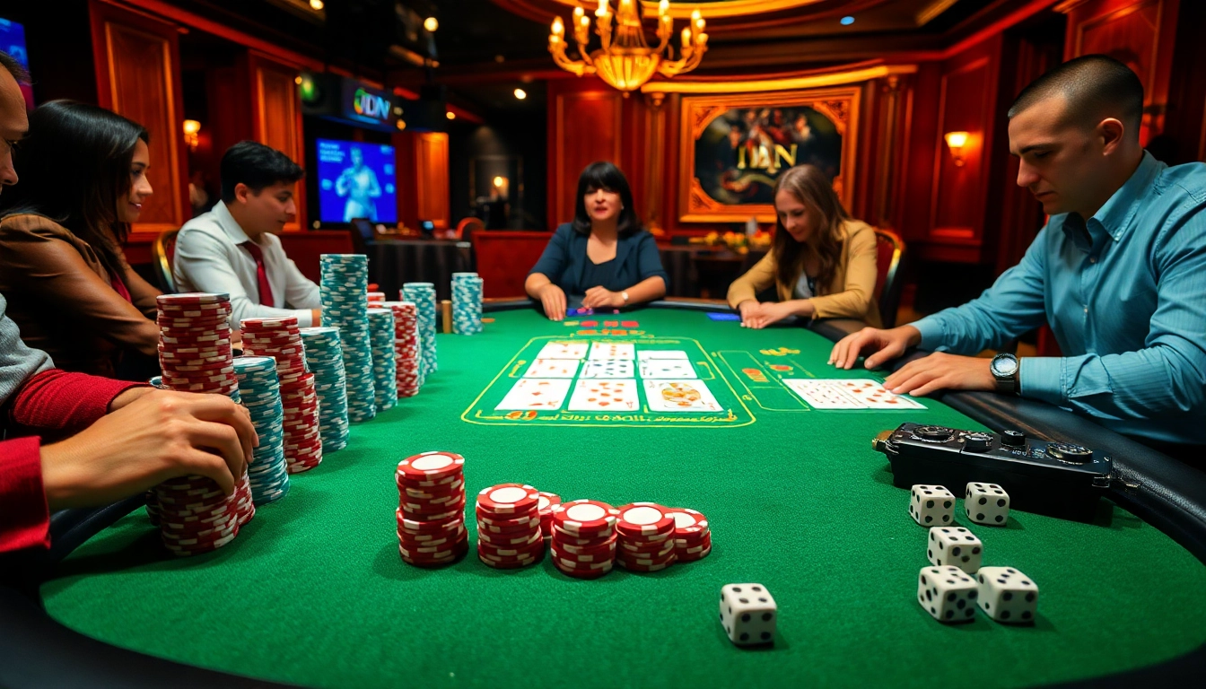 Rasakan kegembiraan idn poker dengan suasana kasino yang hidup menampilkan pemain di meja poker.