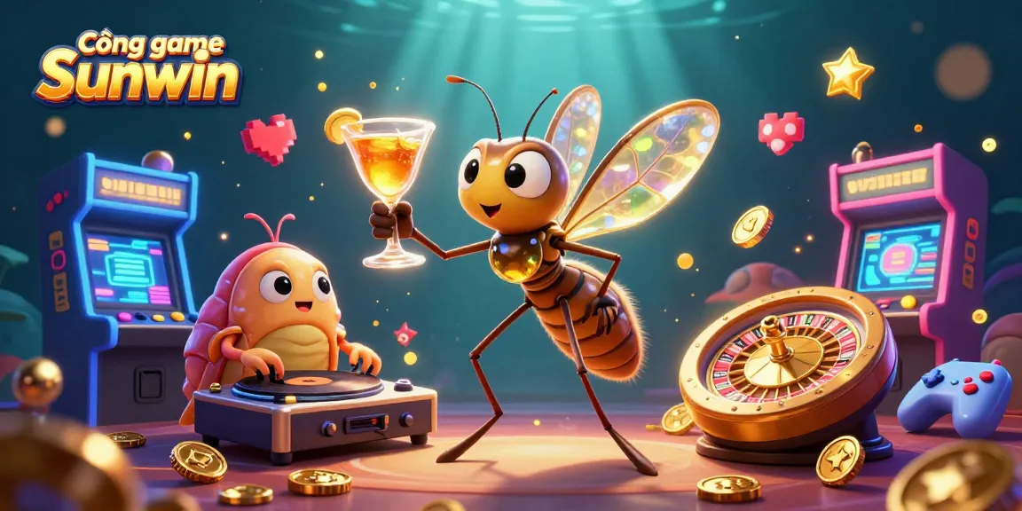 Cổng game Sunwin showcases vibrant casino-themed illustration with animated characters and gaming elements.