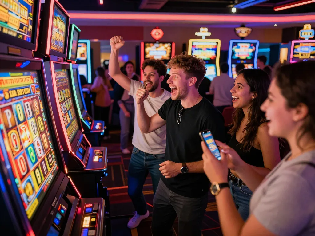 Players celebrating a slot777 win at a colorful casino machine, capturing excitement and community.