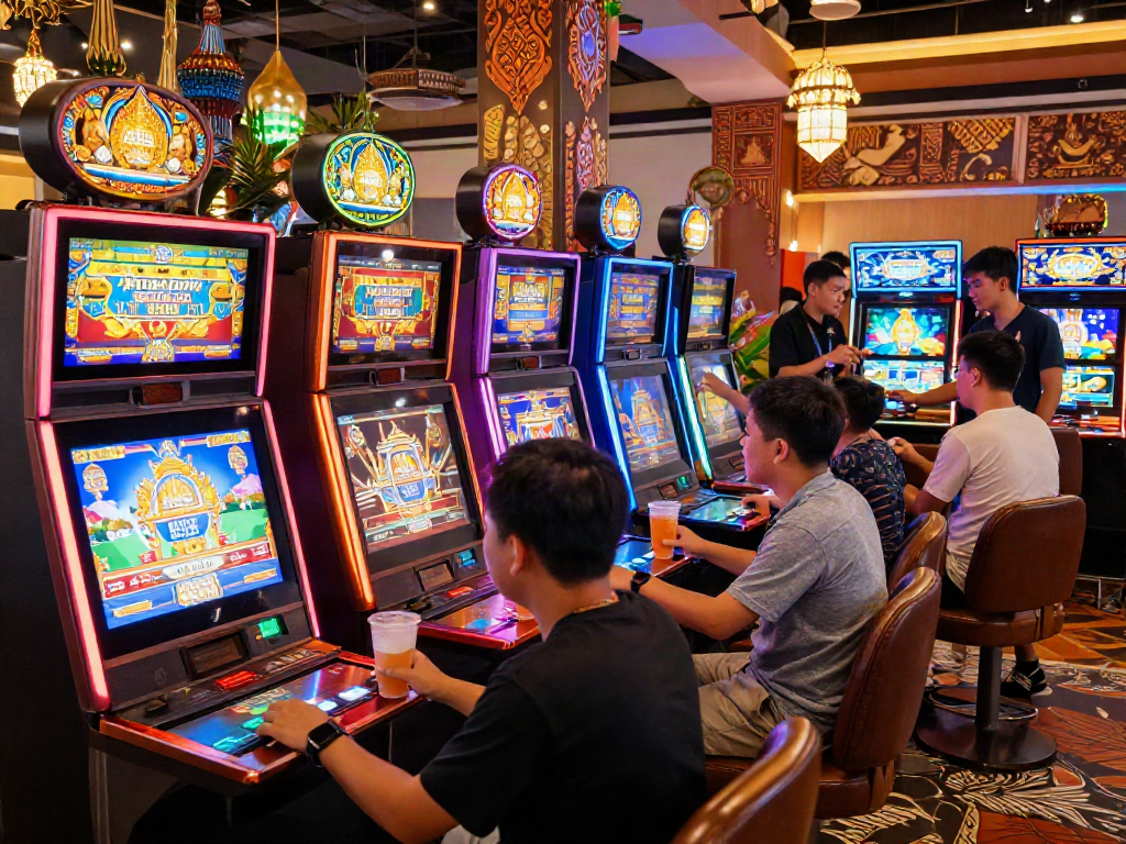 Kamboja slot machines in a lively casino with vibrant ambiance.