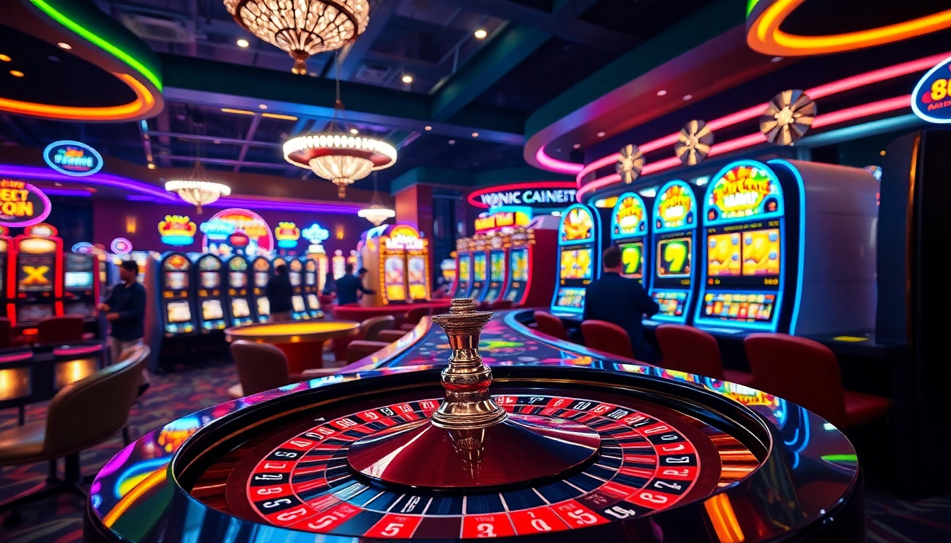 Interwin pemain kasino beraksi dengan mesin slot dan meja roulette yang cerah.