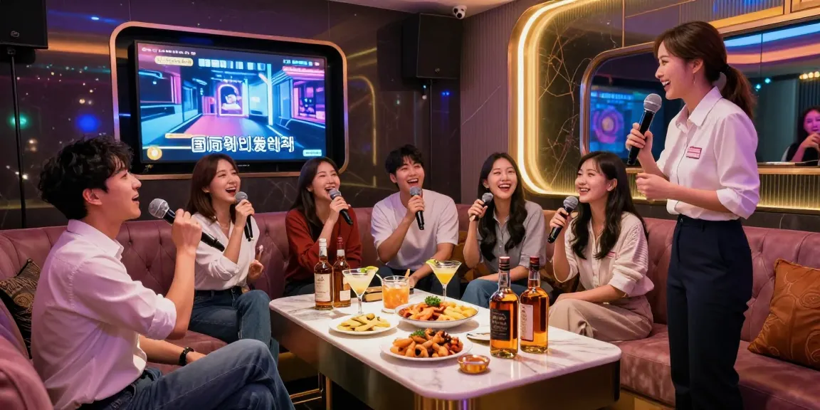 강남 가라오케에서 친구들과 고급스러운 노래방을 즐기는 모습, 화려한 조명과 음료가 가득한 테이블과 친절한 매니저가 함께하는 즐거운 분위기