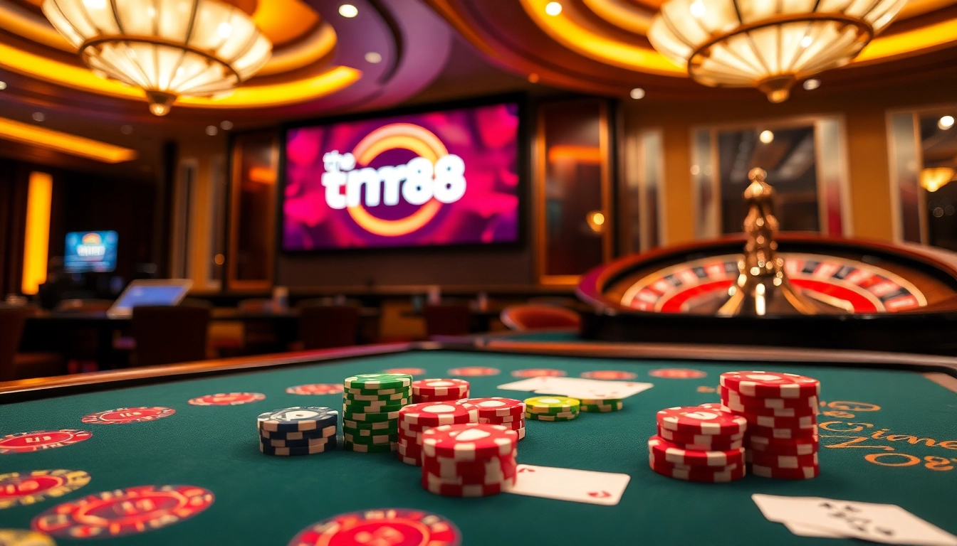 The nhà cái rr88 gaming experience showcasing vibrant poker chips and an engaging roulette table.