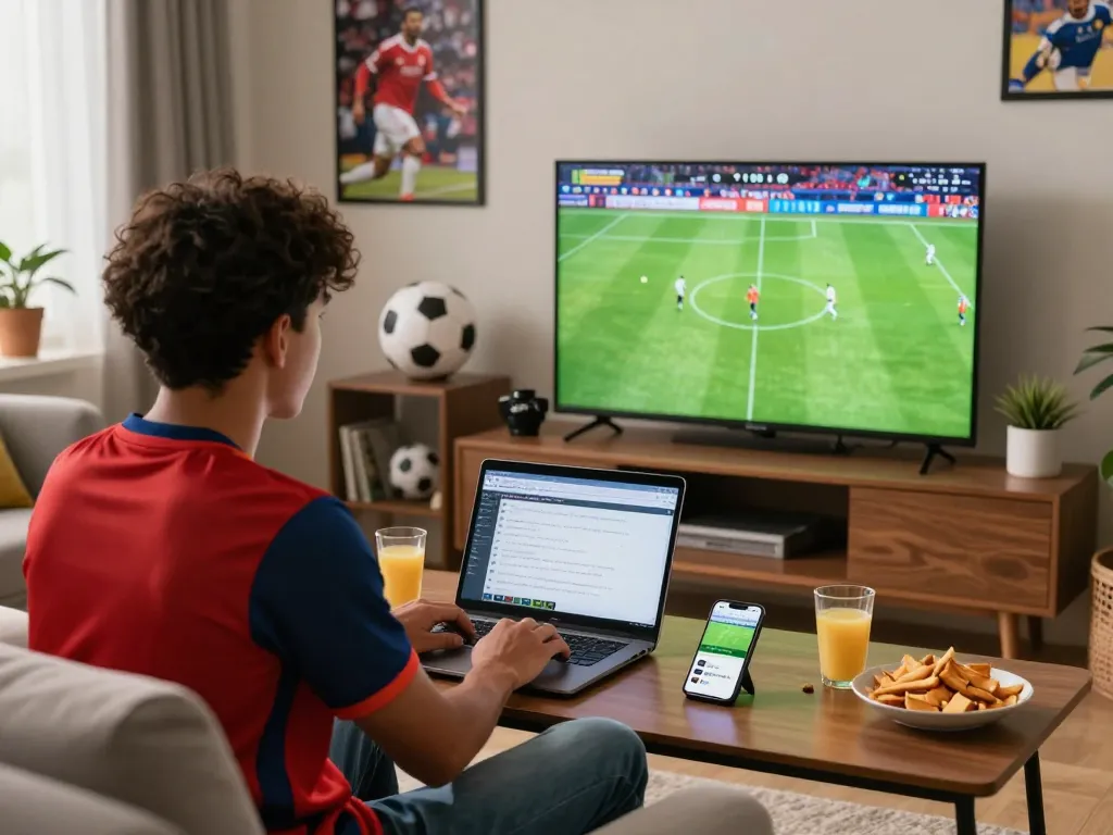 Engaging football fan viewing live match on Luong Son TV in a cozy living room filled with memorabilia.