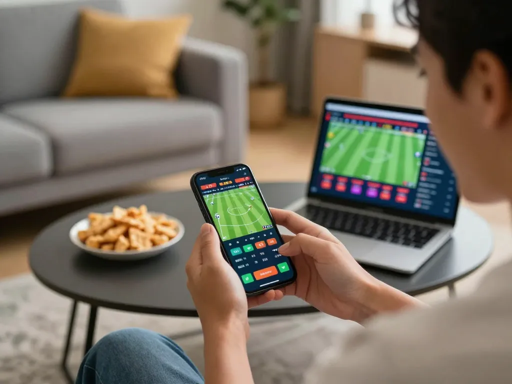 Engaged user placing live bets on betbet app during a sports match in a stylish home setting