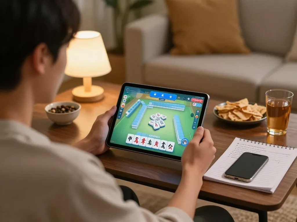 Player enjoying an online Mahjong game on a tablet in a cozy home setting, highlighting strategic gameplay.