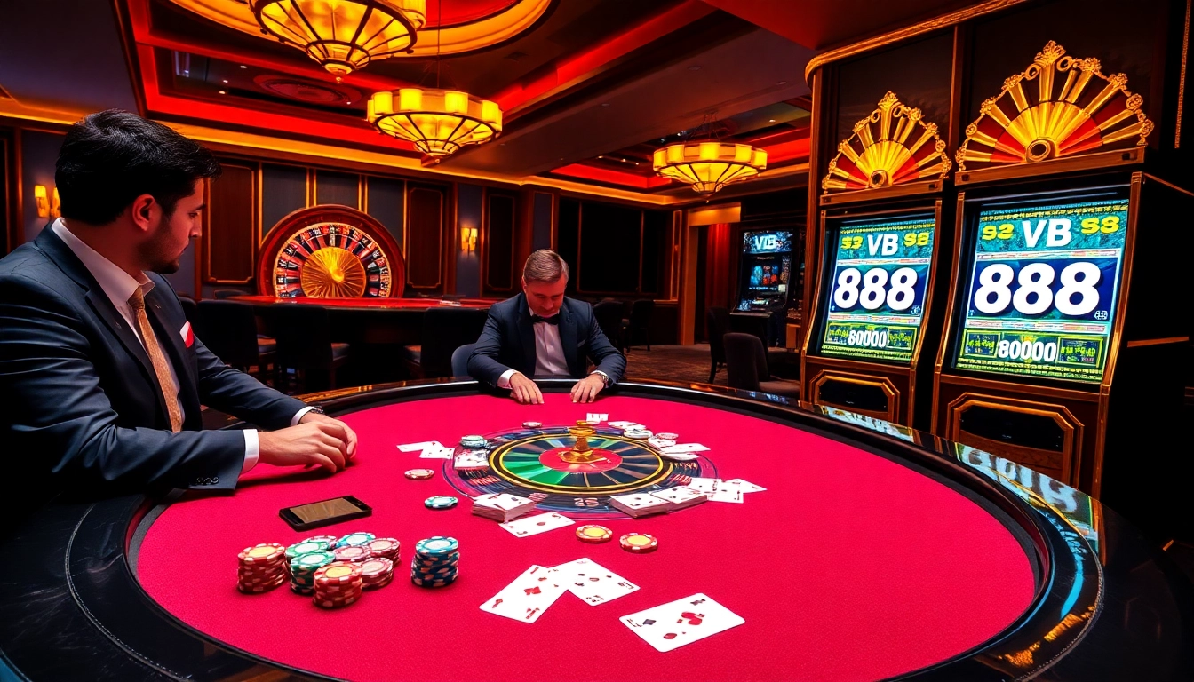 Players strategizing at a sophisticated poker table in a luxurious casino featuring VB 88 slot machine.